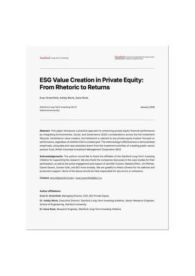 Front page of report 'ESG Value Creation in Private Equity: From Rhetoric to Returns'