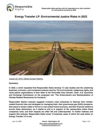 Front page of report 'Energy Transfer LP: Environmental Justice Risks in 2022'