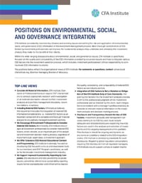 Front page of report 'POSITIONS ON ENVIRONMENTAL, SOCIAL, AND GOVERNANCE INTEGRATION'