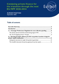 Front page of report 'Eurosif position: Catalysing private finance for the transition through the next EU MFF 2028-2034'