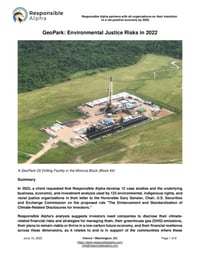 Front page of report 'GeoPark: Environmental Justice Risks in 2022'