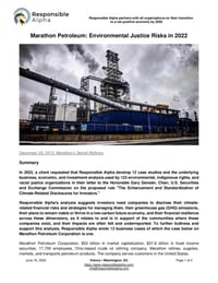 Front page of report 'Marathon Petroleum: Environmental Justice Risks in 2022'