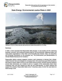 Front page of report ' Duke Energy: Environmental Justice Risks in 2022'
