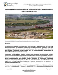 Front page of report 'Formosa Petrochemical and the Sunshine Project: Environmental Justice Risks in 2022'