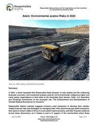 Front page of report 'Adani: Environmental Justice Risks in 2022'