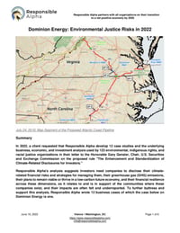 Front page of report 'Dominion Energy: Environmental Justice Risks in 2022'