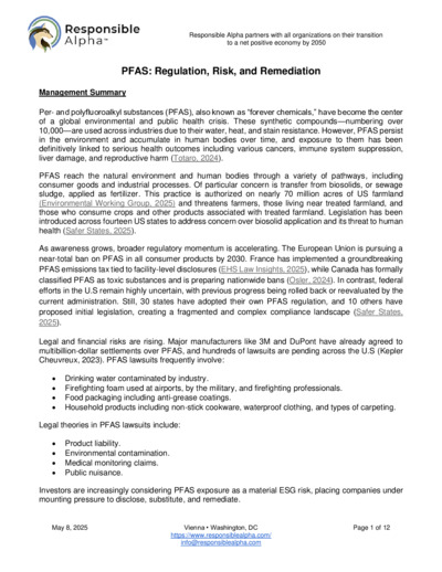Front page of report 'PFAS Regulation, Risk, and Remidiation'
